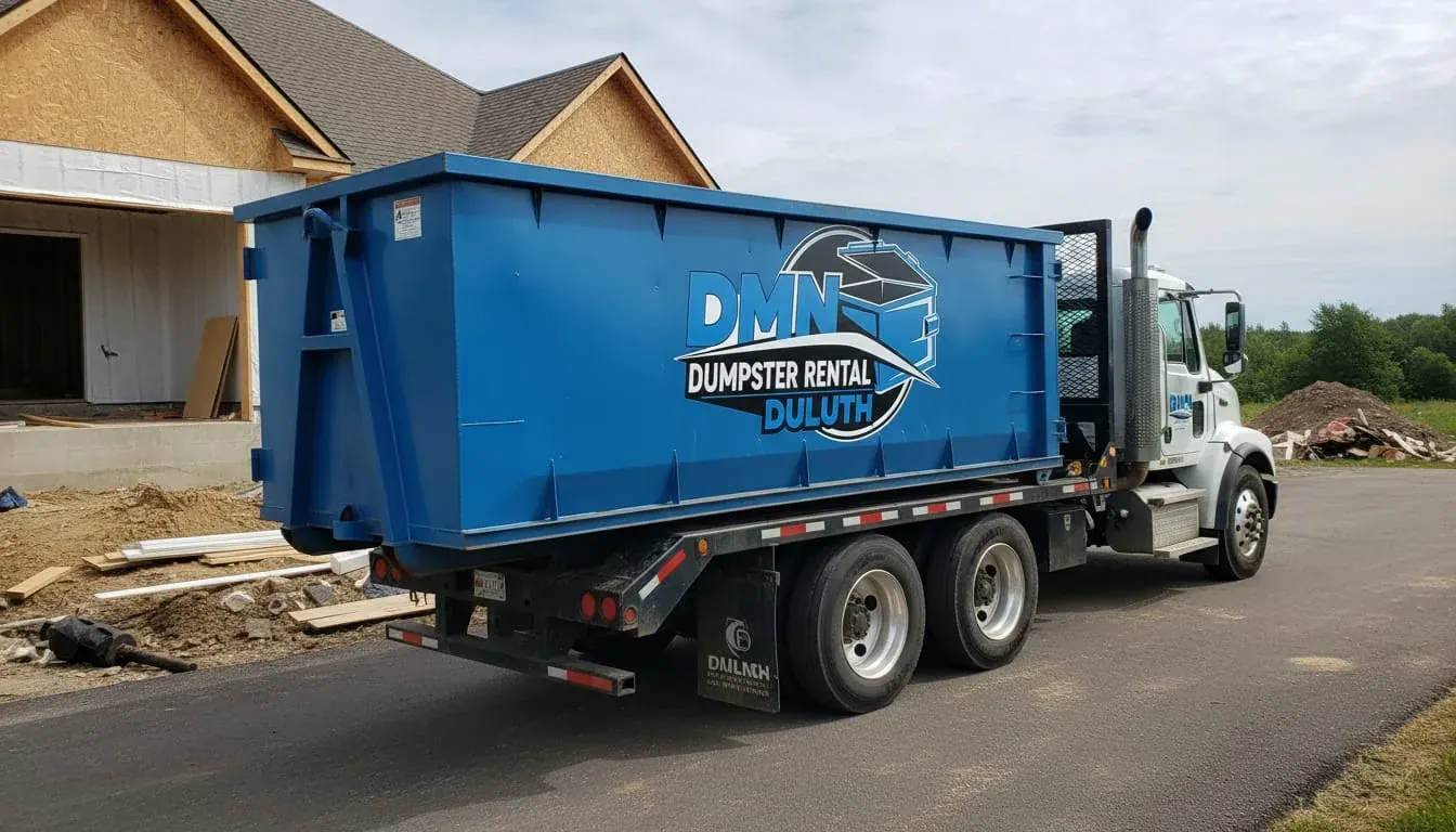 Dumpster rental in Duluth, MN Blue DMN roll-off dumpster being delivered to a Duluth, Minnesota driveway